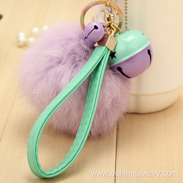 Customized Rabbit Fur Ball Charm Keychain With Bell Pendant